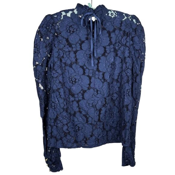 Wayf Emma Puff Sleeve Lace Top Size XS Long Sleeved Blouse Navy Blue - Picture 4 of 11
